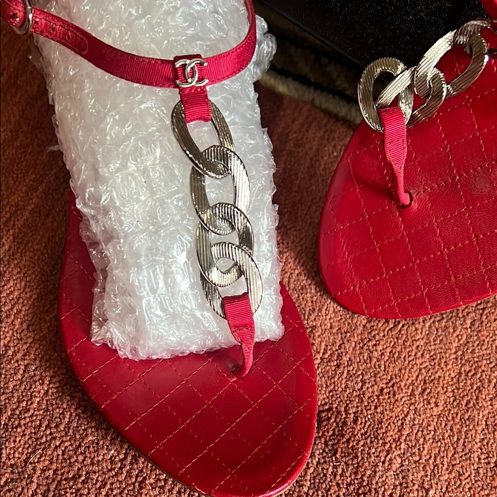 CHANEL Red Sandals with Silver Accents - Picture 2 of 8